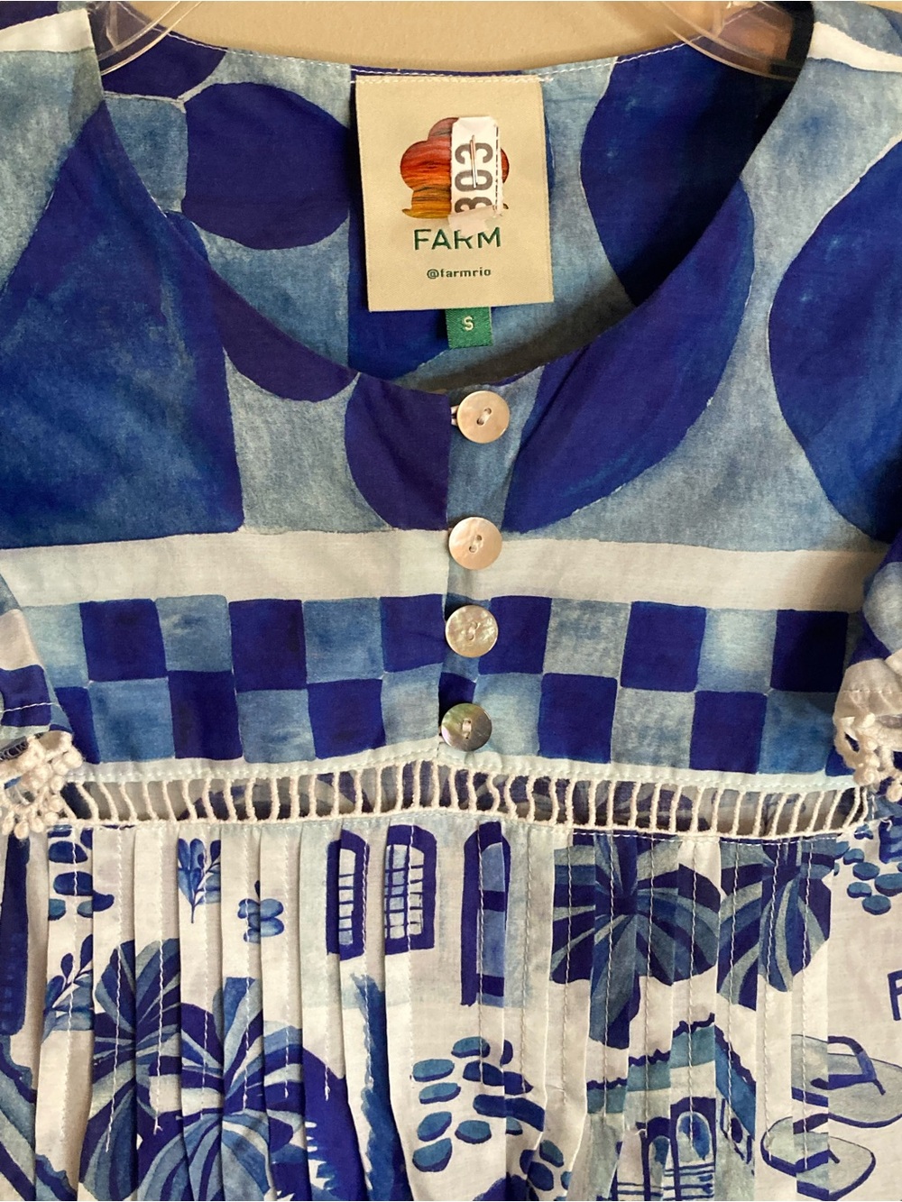 FARM Rio Sweet Rio Mix Print Set Blouse Skirt Tropical Ruffle Lace Blue White M - Picture 8 of 16